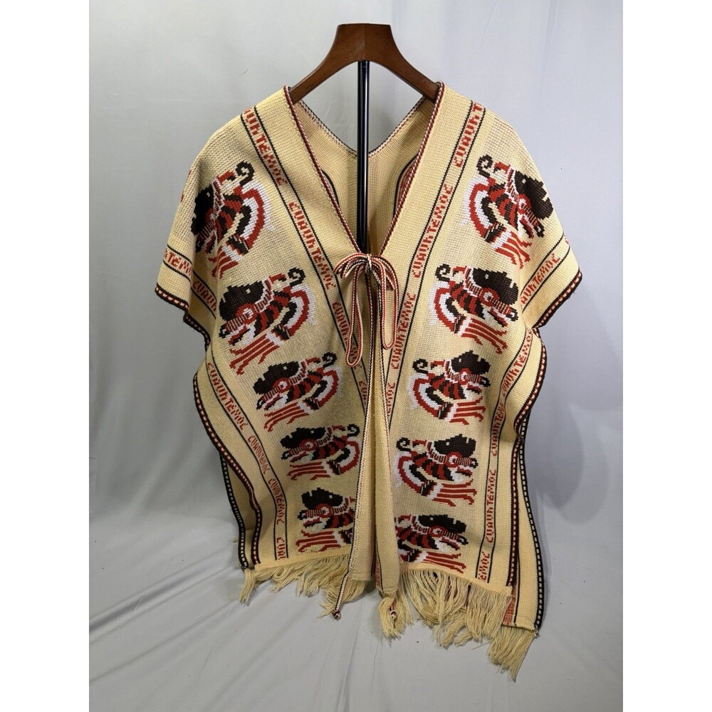 Vtg 1970's Cuauhtemoc Poncho Cape Knitted Mexican Aztec Native Fringe